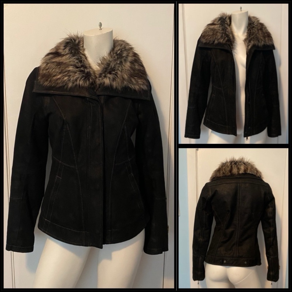 Suede Genuine Leather Thinsulate Winter Coat with Faux Fur collar